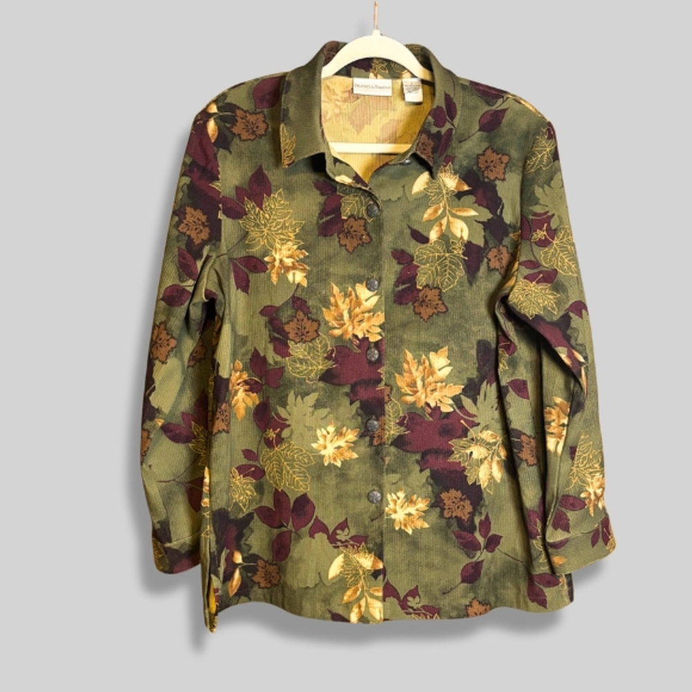 Draper's & Damon's Button Up Shirt Corduroy Autumn Leave Print Olive Green W L